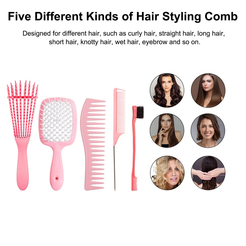 5 pcs/Set Detangling Brush Set Faster n Easier Detangle Wet or Dry Hair with No Pain.Hair Comb Dual Edge Brush Styling Comb for Curly/Straight/Wet/Dry/Long/Short Hair.